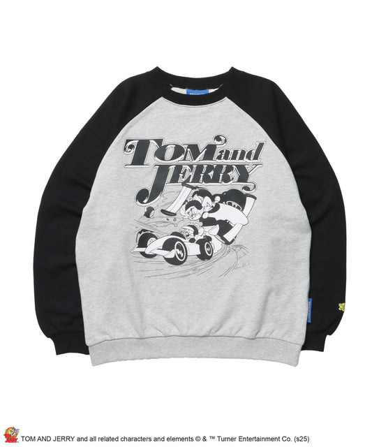 【SEQUENZ（シークエンズ）】TJ CAR CHASE RAGLAN SWEAT / ラグラン バイカラー 刺繍 クルーネック 長袖 裏起毛 ブラック