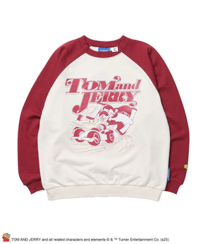 《予約商品》TJ CAR CHASE RAGLAN SWEAT / ラグラン バイカラー 刺繍 クルーネック 長袖 裏起毛 ワイン