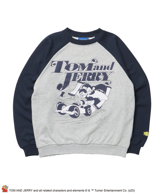 【SEQUENZ（シークエンズ）】TJ CAR CHASE RAGLAN SWEAT / ラグラン バイカラー 刺繍 クルーネック 長袖 裏起毛 ネイビー