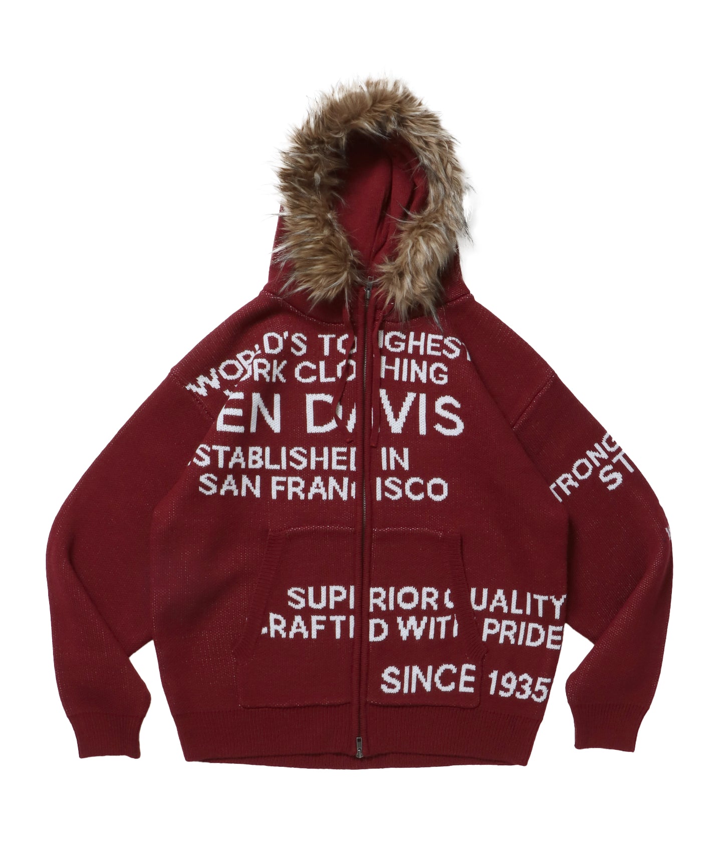 FAUX FUR TRIM KNIT JACKET / オーバーサイズ ニット ファー ジップパーカー フーディ ダブルジップ バーガンディー