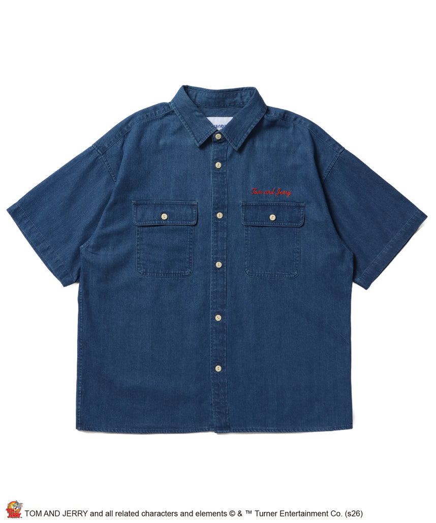 TJ EMB. DENIM SHIRTS / トムとジェリー シャツ オーバーサイズ 半袖 刺繍 ワンポイント プリント デニム ユニセックス 加工 ネイビー