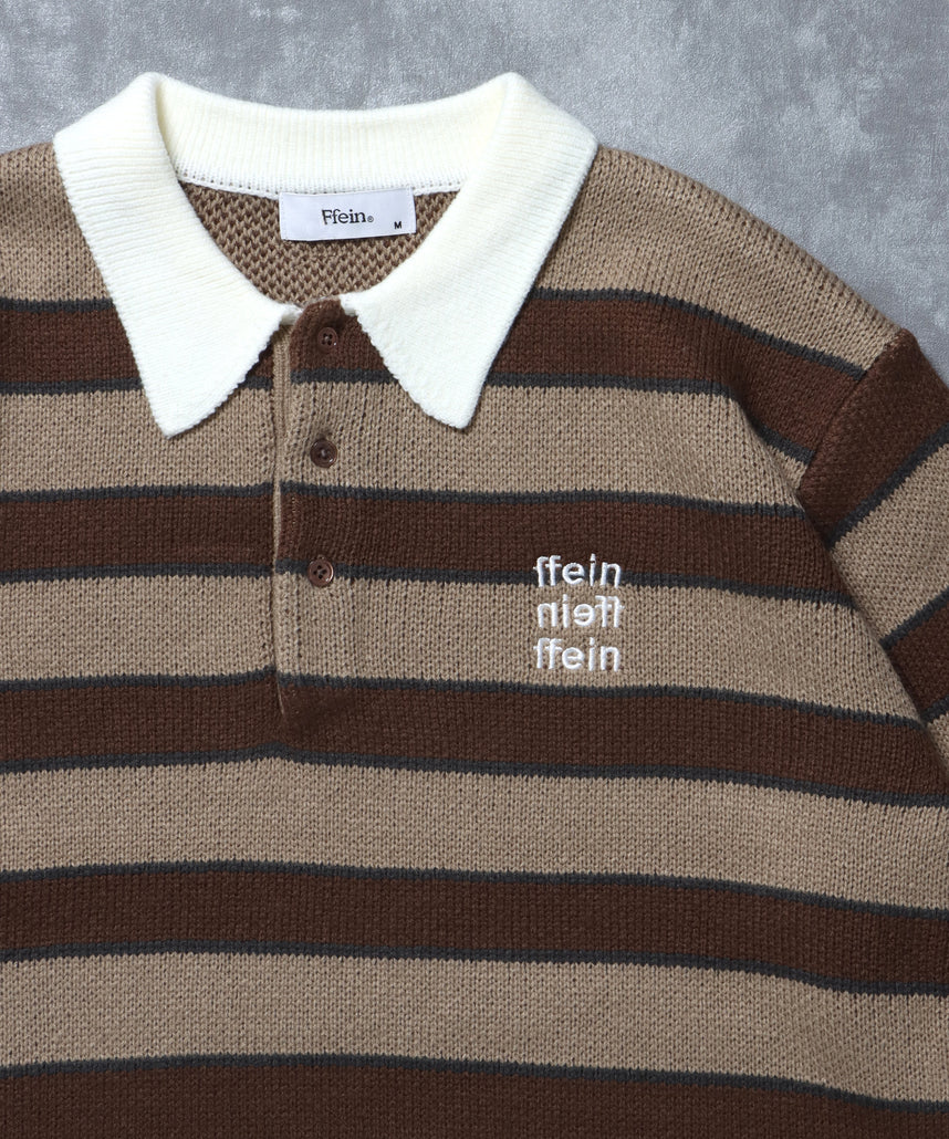 三段ロゴアソート襟ポロニット / ポロシャツ ニット ボーダー 刺繍 ワンポイント A