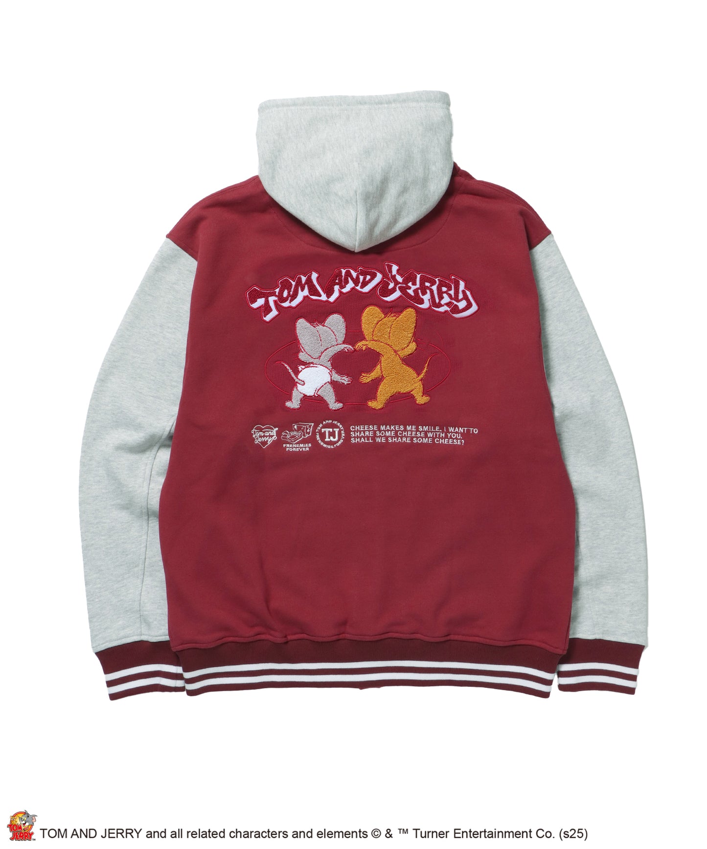 TJ HOODED STADIUM JACKET / 2WAY スタジャン フード取り外し可能 ドロップショルダー ワッペン 刺繍 ワイン