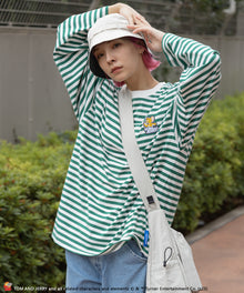 【SEQUENZ】 TOM and JERRY BORDER L/S TEE / トムとジェリー ロンT ビックサイズ キャラクター 刺繍 リンガー Tシャツ グリーン