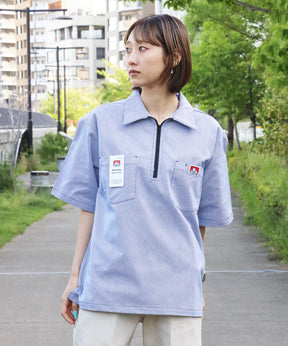 【BEN DAVIS（ベンデイビス）】1/2ZIP S/S SHIRT / ハーフジップ シャツ 半袖 クルーネック ワンポイント ピス ワンポイント 【セットアップ着用可能】 ブルー