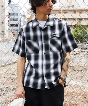 DRIVE EMB PLAID O/C SHIRT / 半袖 シャツ オープンカラー ヴィンテージライク オンブレチェック ブラック