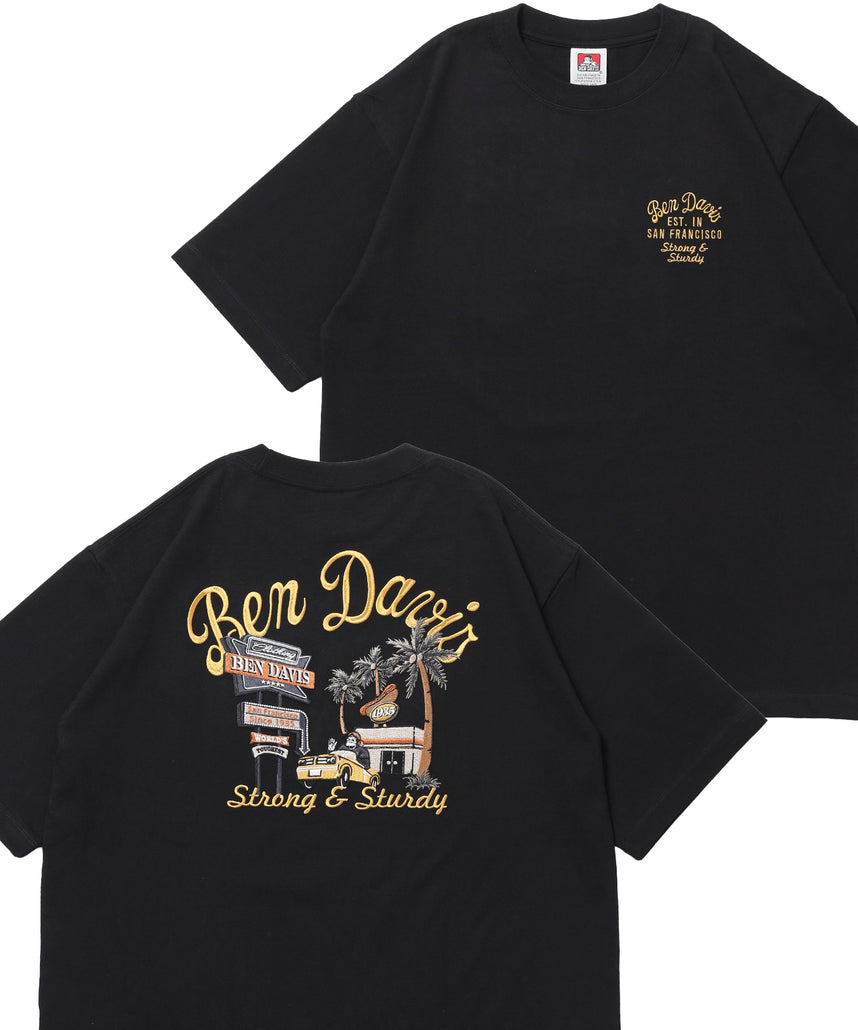 SOUVENIR EMB TEE / オーバーサイズ 半袖 クルーネック 刺繍 プリント ユニセックス ドロップショルダー ブラック