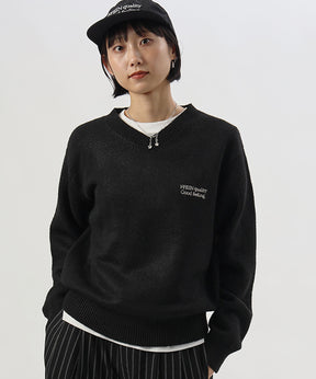 ウール混Vネックニット / ウール混 刺繍 ニット Vネック ユニセックス ブラック