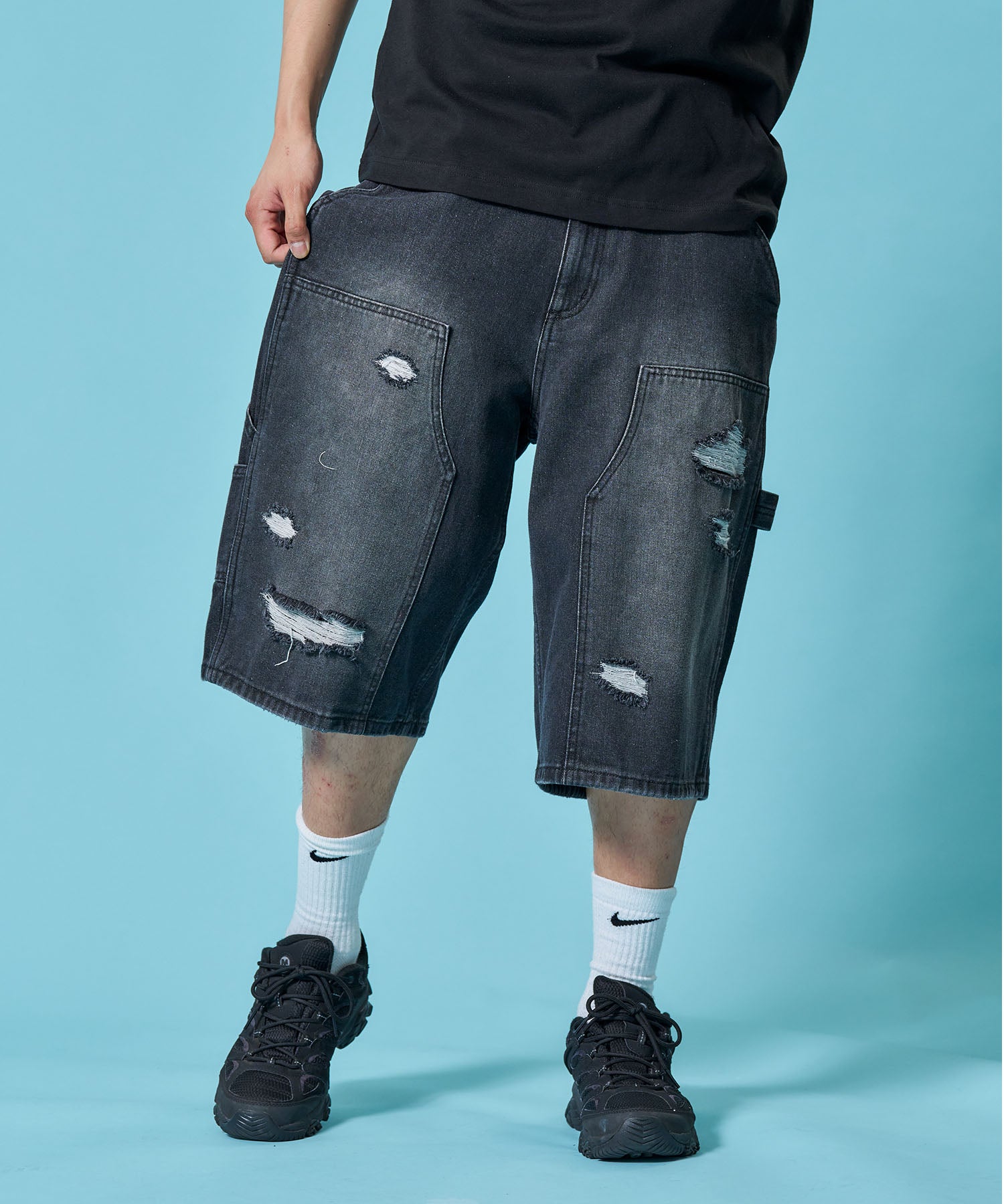 グルメジーンズ ブラックデニム メンズ SUIT DENIM 32 ワイド WEB限定 / ダメージデニムショートパンツ / sqnzU double knee denim