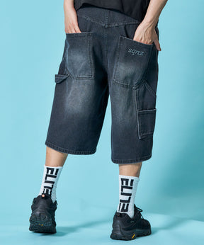※WEB限定 / ダメージデニムショートパンツ / sqnzU double knee denim shorts ブラック