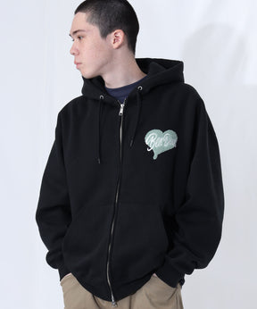 HEART CHENILLE ZIP HOODIE / ジップパーカー フード ハート チェニール 刺繍 裏起毛 ユニセックス ブラック