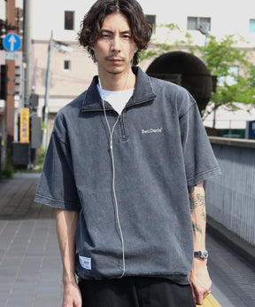VNTG 1/4 TOP / ハーフジップ 半袖 加工 ワンポイント 刺繍 シンプル ブラック