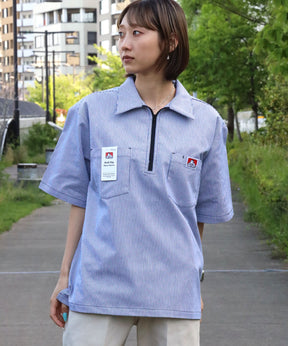 【BEN DAVIS（ベンデイビス）】1/2ZIP S/S SHIRT / ハーフジップ シャツ 半袖 クルーネック ワンポイント ピス ワンポイント 【セットアップ着用可能】 ブルー