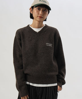 ウール混Vネックニット / ウール混 刺繍 ニット Vネック ユニセックス ブラウン
