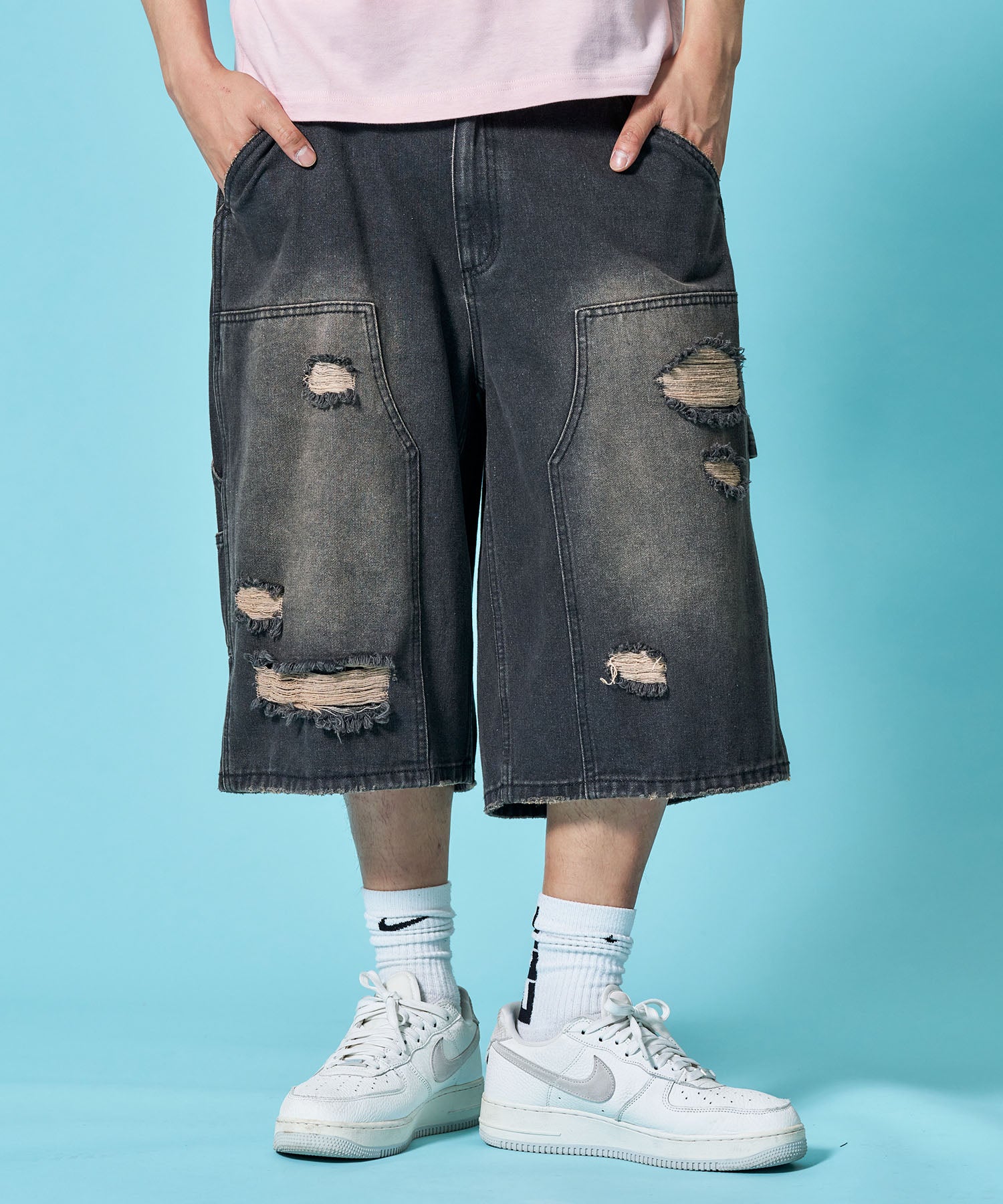 WEB限定 / ダメージデニムショートパンツ / sqnzU double knee denim