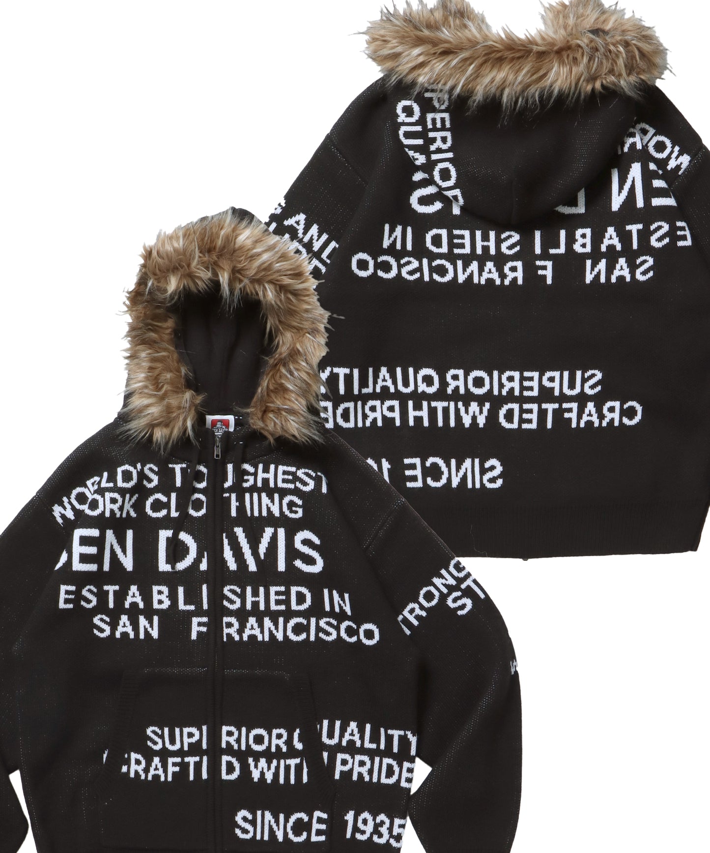 FAUX FUR TRIM KNIT JACKET / オーバーサイズ ニット ファー ジップパーカー フーディ ダブルジップ ブラック