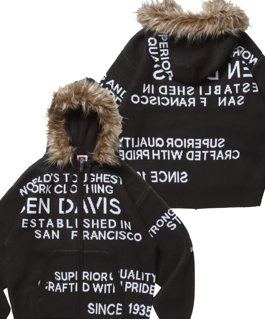 FAUX FUR TRIM KNIT JACKET / オーバーサイズ ニット ファー ジップパーカー フーディ ダブルジップ ブラック