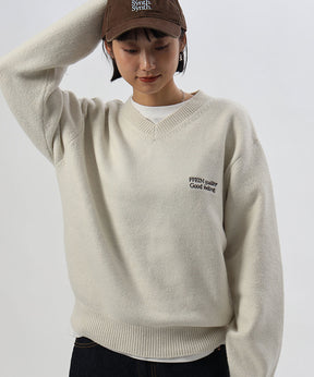 ウール混Vネックニット / ウール混 刺繍 ニット Vネック ユニセックス アイボリー
