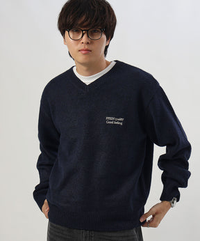 ウール混Vネックニット / ウール混 刺繍 ニット Vネック ユニセックス ネイビー