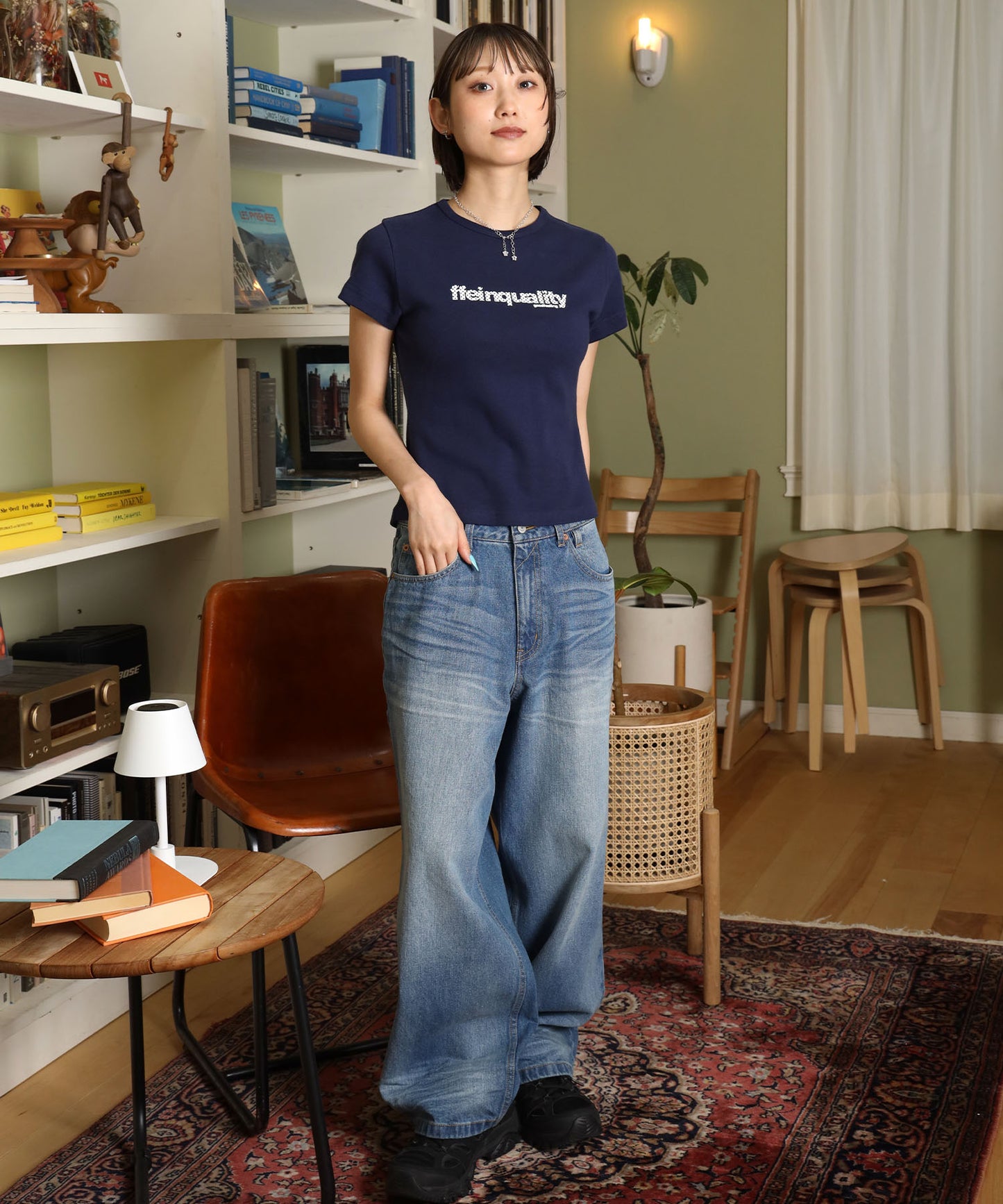 テレコリブレディースTシャツ / 半袖 レディース クルーネック プリント ピチT ちびT 短丈 ネイビー