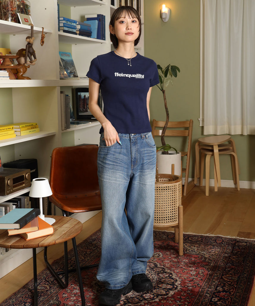 テレコリブレディースTシャツ / 半袖 レディース クルーネック プリント ピチT ちびT 短丈 ネイビー