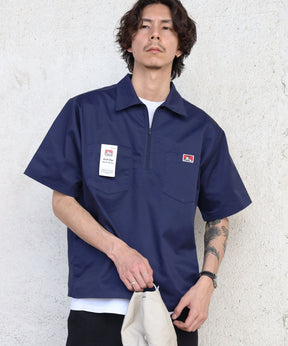 【BEN DAVIS（ベンデイビス）】1/2ZIP S/S SHIRT / ハーフジップ シャツ 半袖 クルーネック ワンポイント ピス ワンポイント 【セットアップ着用可能】 ネイビー