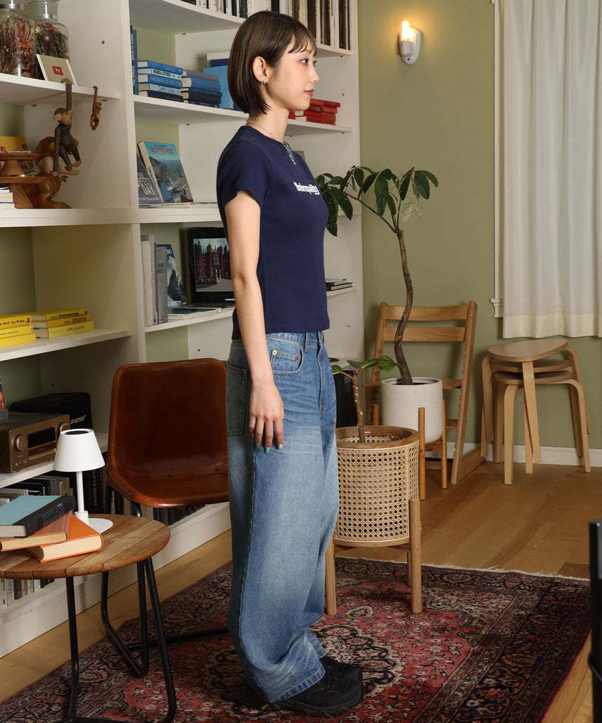 テレコリブレディースTシャツ / 半袖 レディース クルーネック プリント ピチT ちびT 短丈 ネイビー
