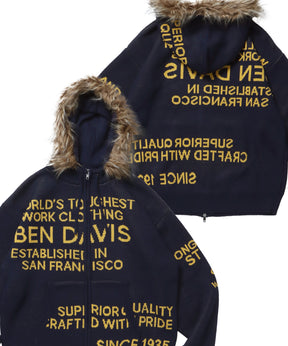 FAUX FUR TRIM KNIT JACKET / オーバーサイズ ニット ファー ジップパーカー フーディ ダブルジップ ネイビー
