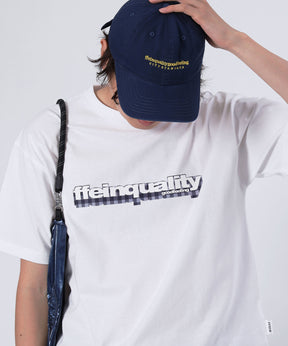 立体チェックプリントロゴショート丈Tシャツ/ クルーネック 半袖 刺繍 【短丈】 ホワイト