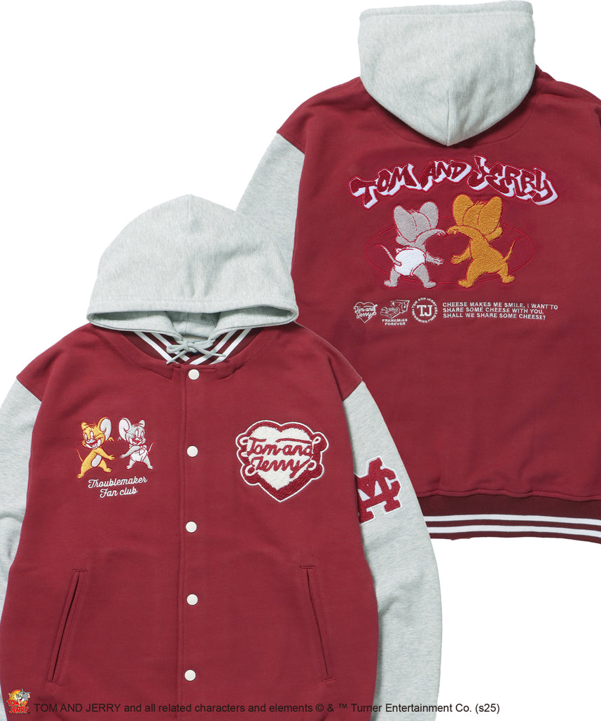 TJ HOODED STADIUM JACKET / 2WAY スタジャン フード取り外し可能 ドロップショルダー ワッペン 刺繍 ワイン