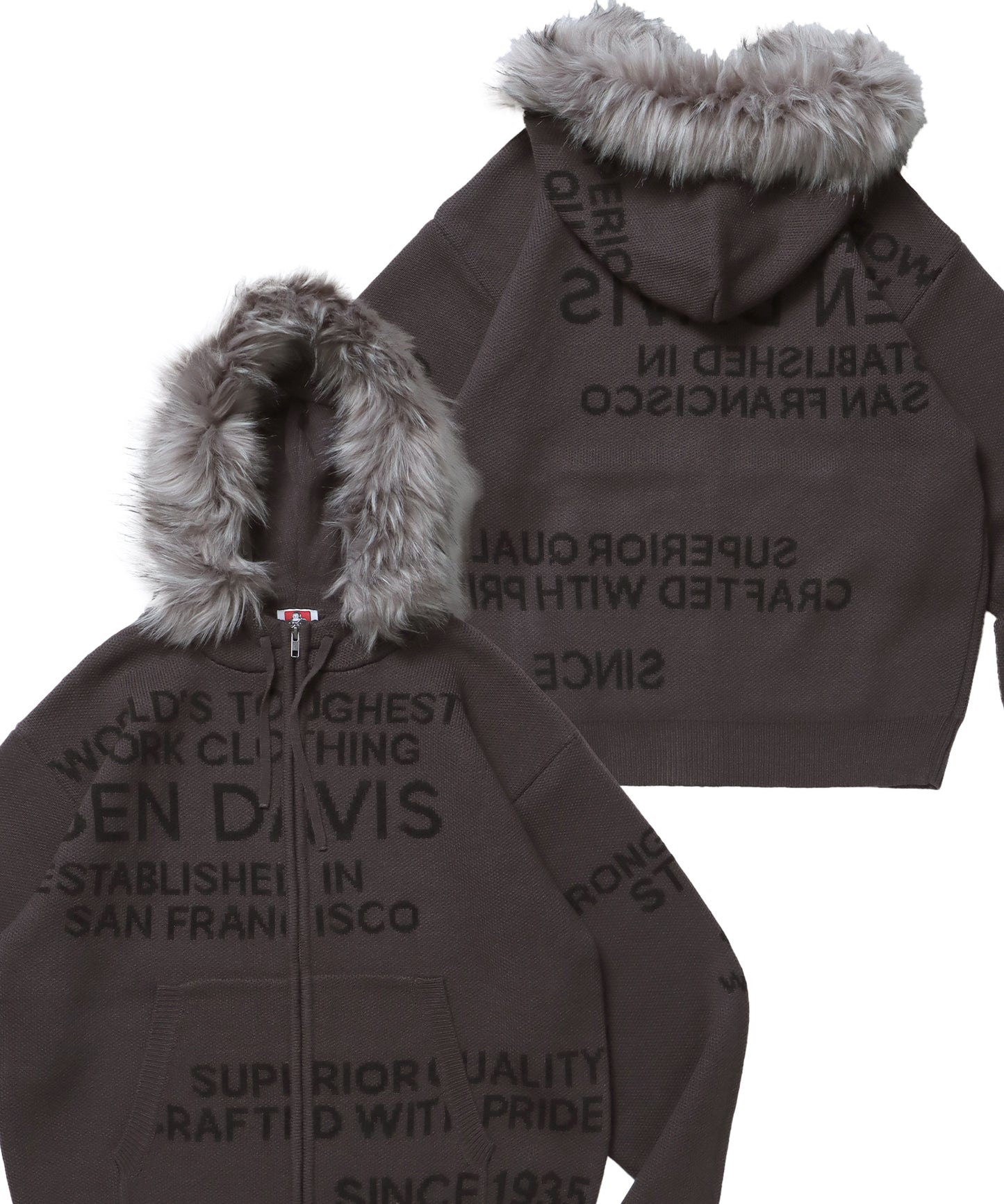 FAUX FUR TRIM KNIT JACKET / オーバーサイズ ニット ファー ジップパーカー フーディ ダブルジップ チャコール