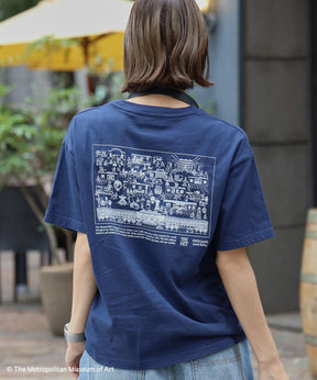 The Met線画デザインロゴTシャツ / メトロポリタン美術館 半袖 クルーネック プリント ワンポイント ネイビー