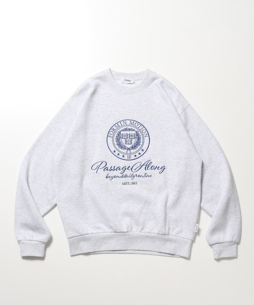 【FFEIN(フェイン)】エンブレム刺繍カレッジロゴスウェット / 裏起毛 クルーネック スパンフライス トレンド ストリート ユニセックス アッシュグレー