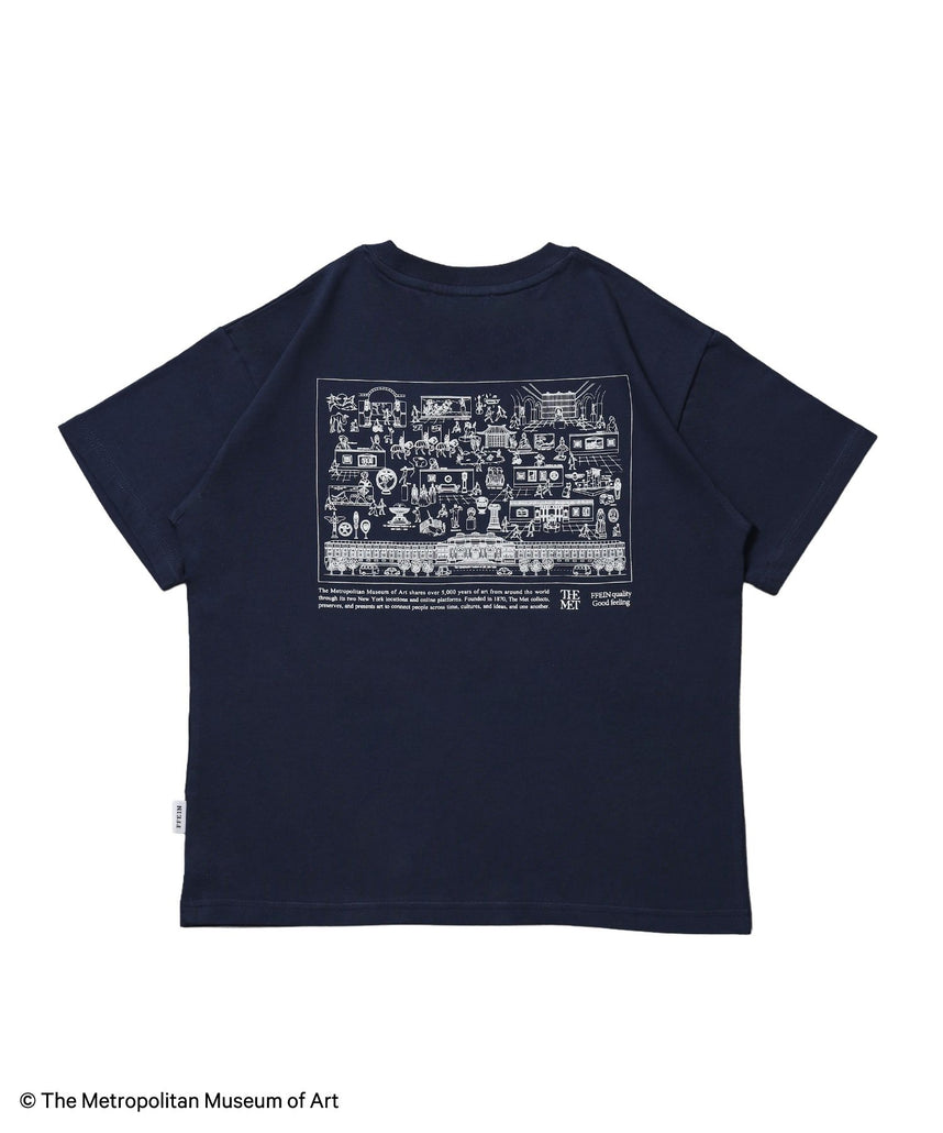 【FFEIN(フェイン)】The Met線画デザインロゴTシャツ / メトロポリタン美術館 半袖 クルーネック プリント ワンポイント ネイビー