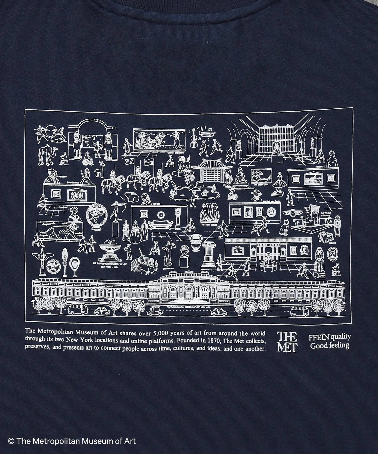 The Met線画デザインロゴTシャツ / メトロポリタン美術館 半袖 クルーネック プリント ワンポイント ネイビー