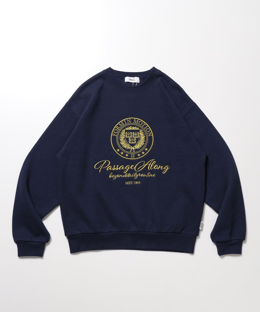 【FFEIN(フェイン)】エンブレム刺繍カレッジロゴスウェット / 裏起毛 クルーネック スパンフライス トレンド ストリート ユニセックス ダークネイビー