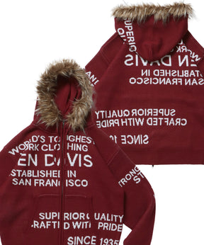 FAUX FUR TRIM KNIT JACKET / オーバーサイズ ニット ファー ジップパーカー フーディ ダブルジップ バーガンディー