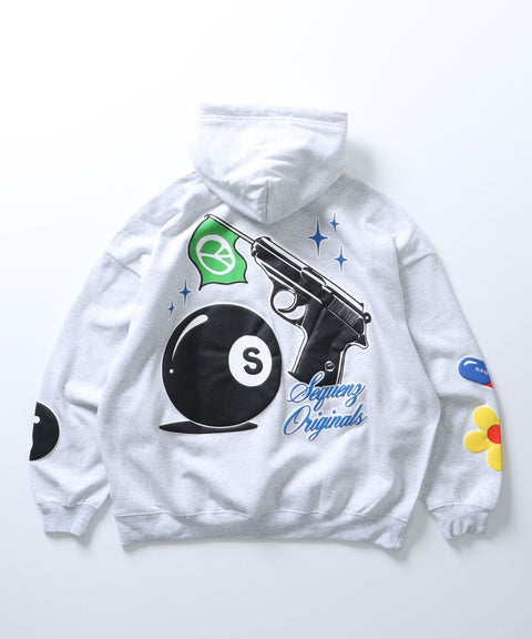 SEQUENZ】PEACE SWEAT HOODIE / ピース ロゴ 8ボール 袖 バック